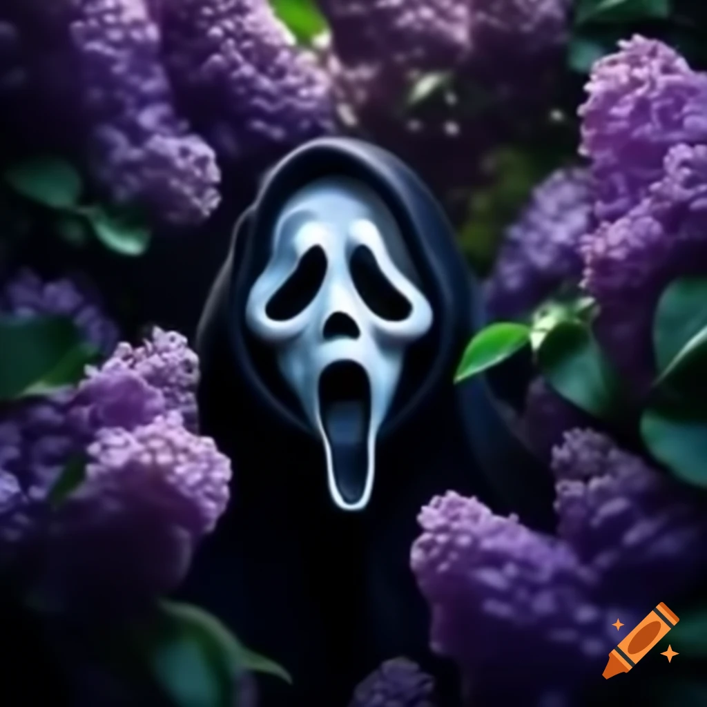 Ghostface character surrounded by lilacs