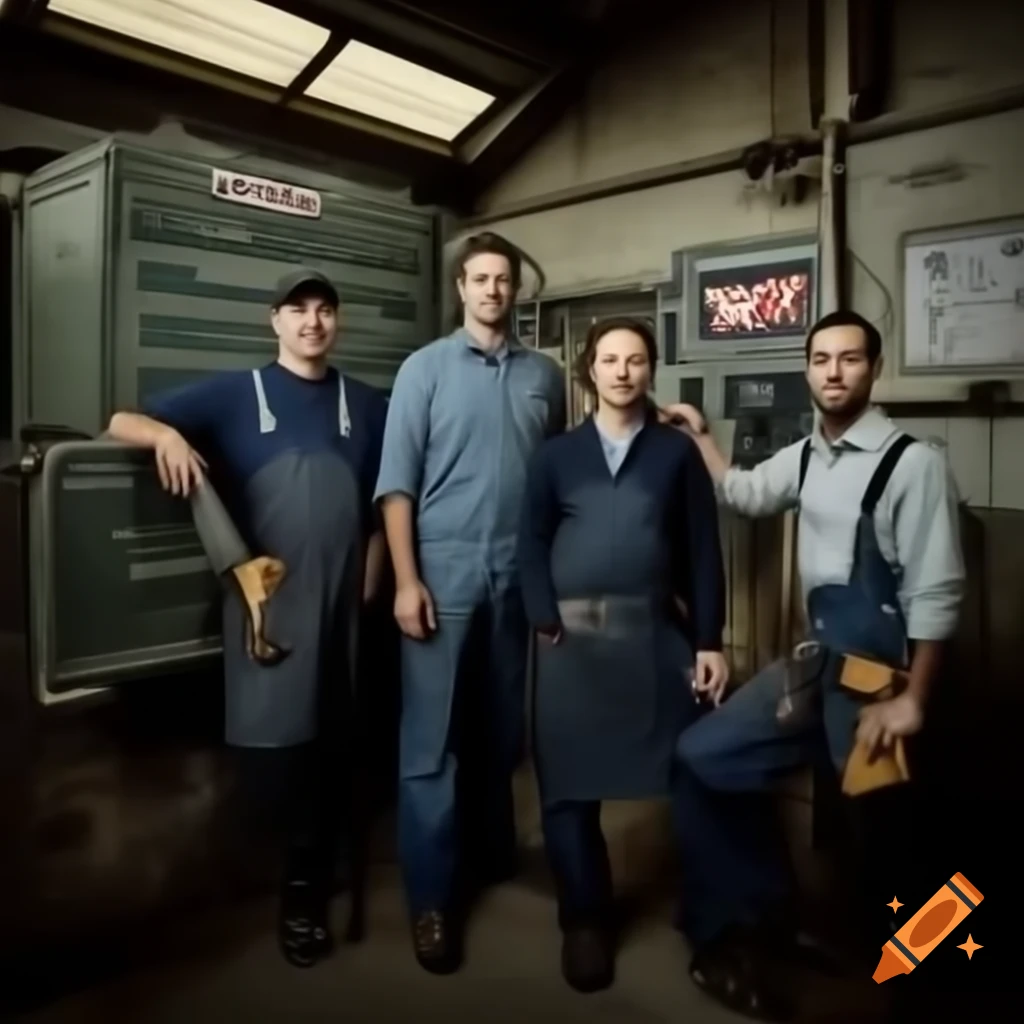 Three mechanics working in technical room with Diesel PRO signboard