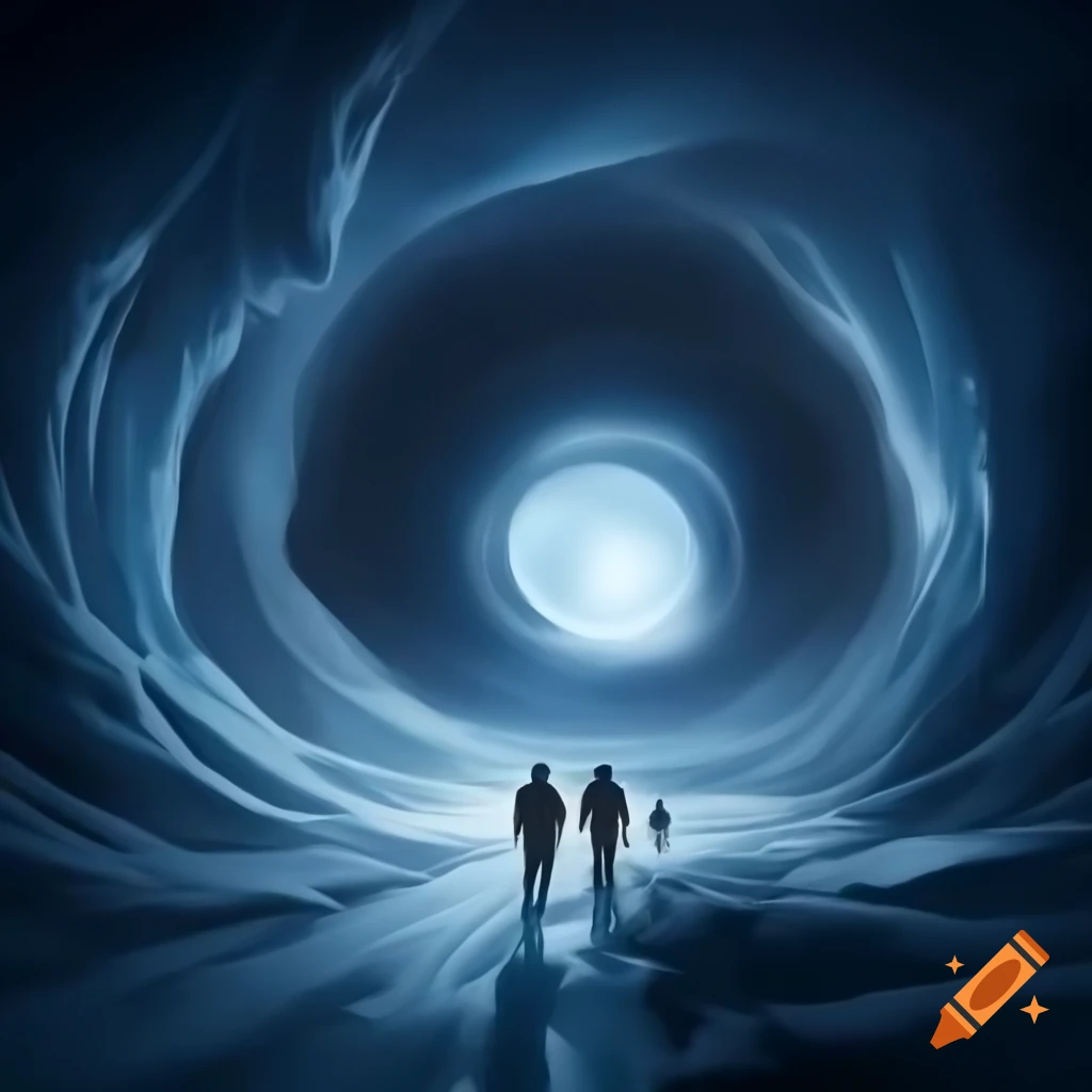 Swirling tunnel of time leading to a massive rectangular doorway