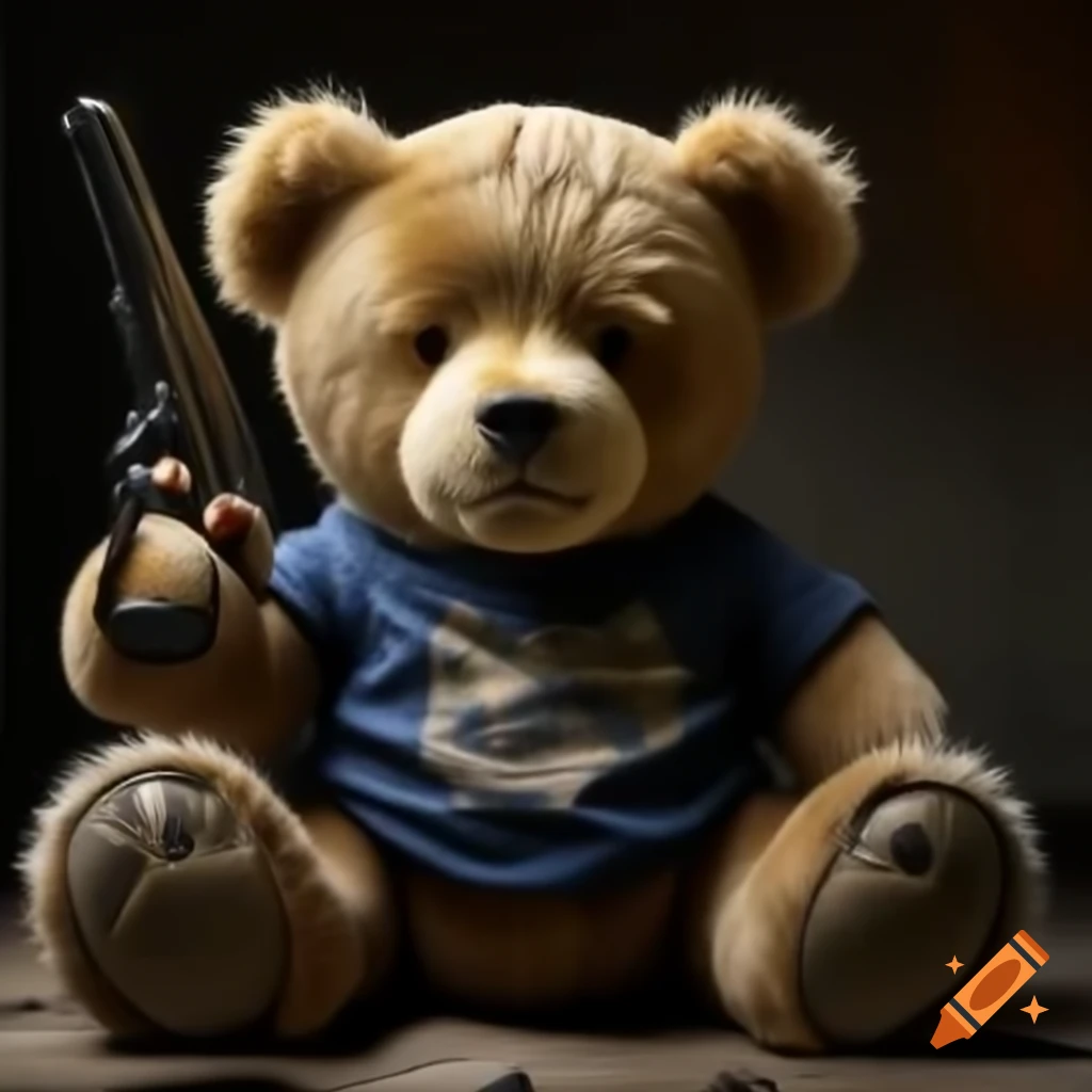 Angry teddy bear in black t-shirt pointing a pistol at the viewer