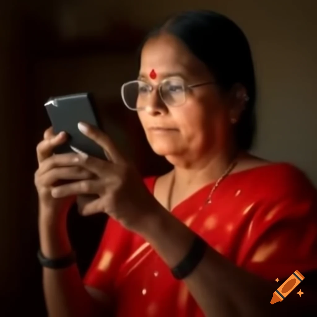Woman in red saree holding a phone