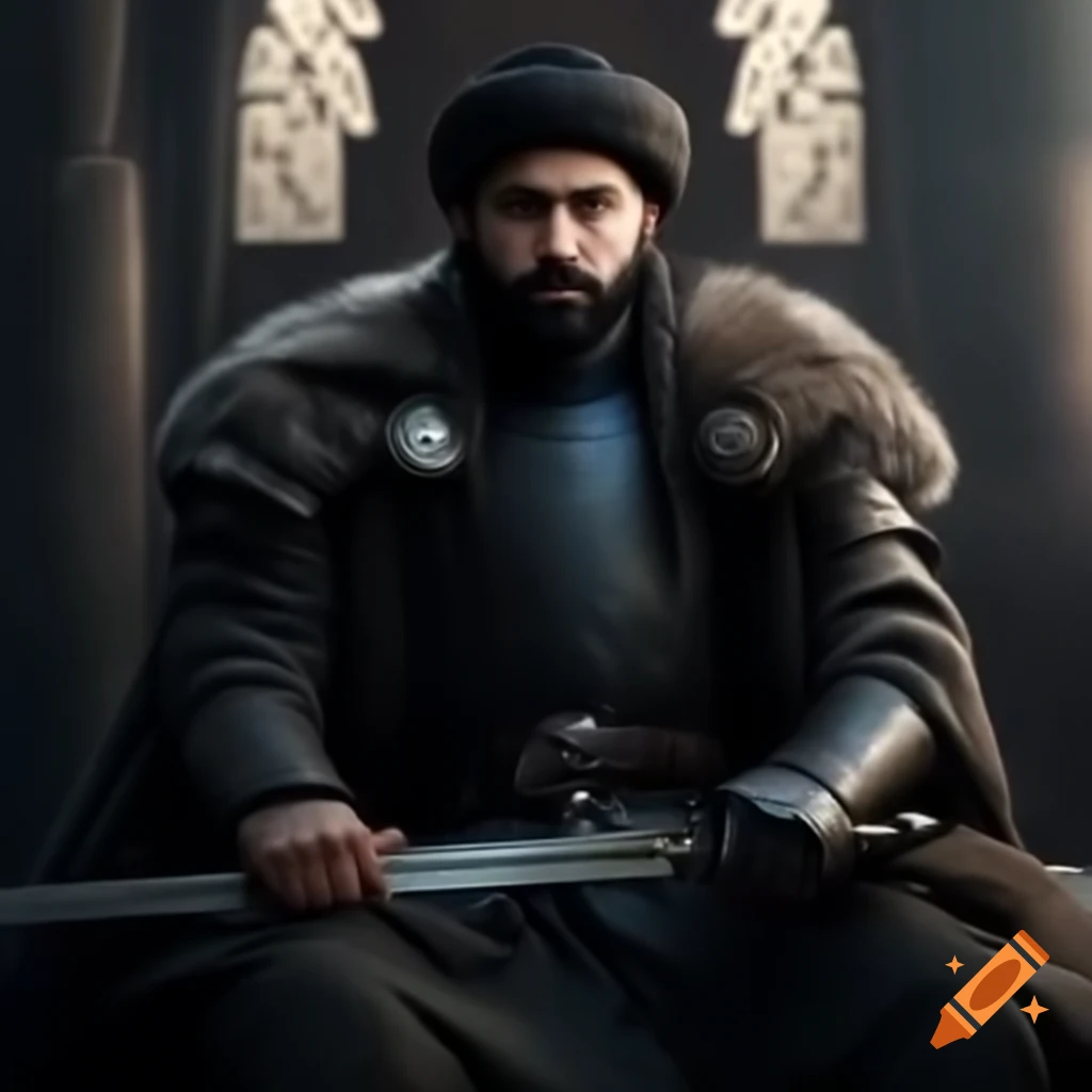 Muslim warrior seated on throne holding a sword