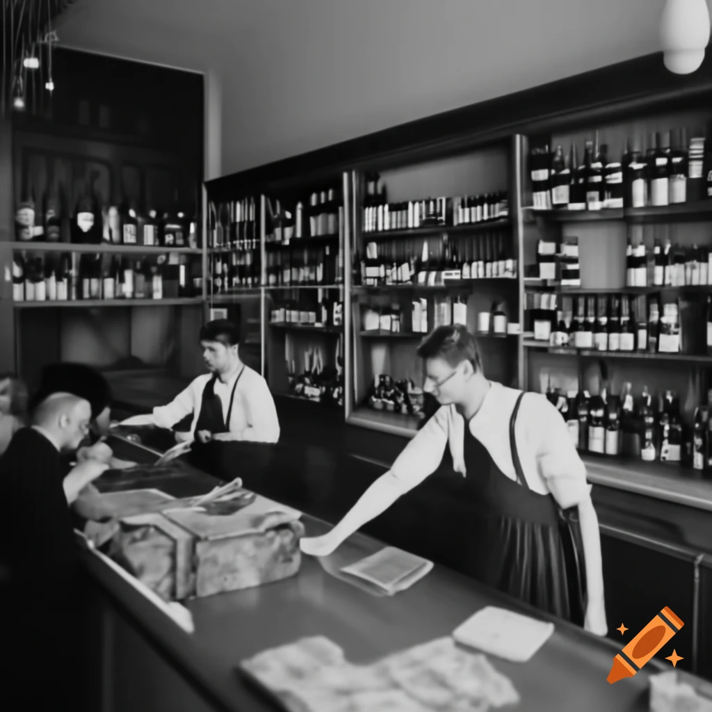 Vintage photo of liquor store from 1900 with wine shelves and counter