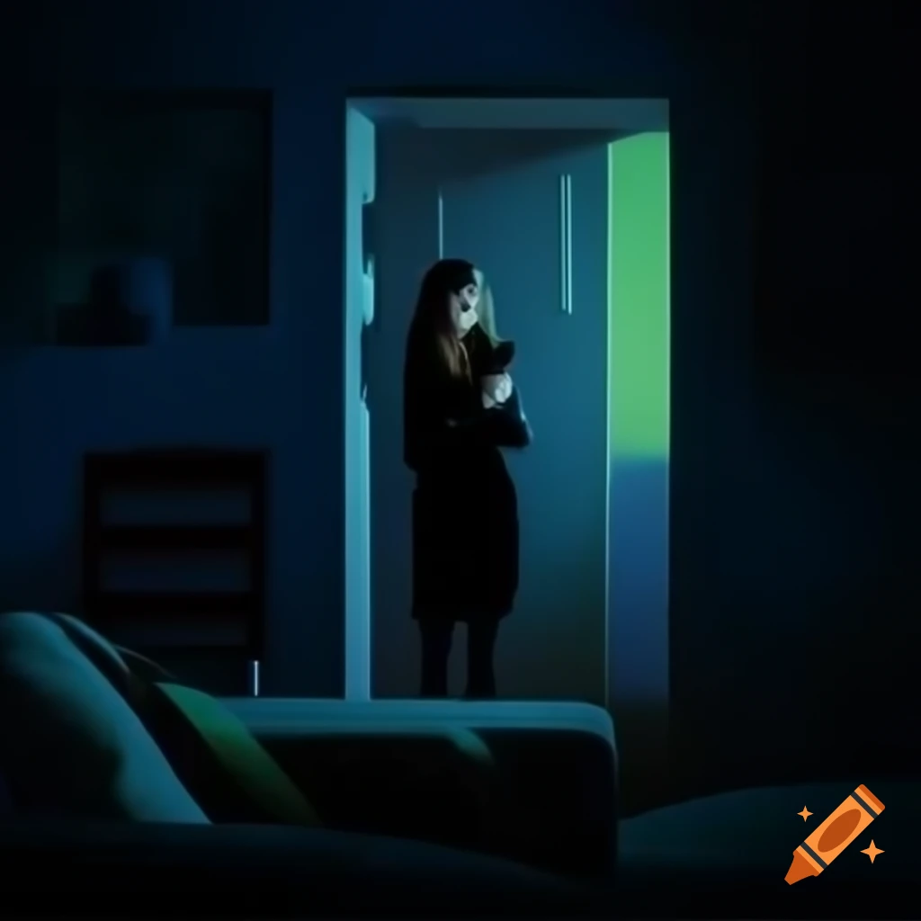 Woman in dimly lit living room at night, looking at slightly ajar front door