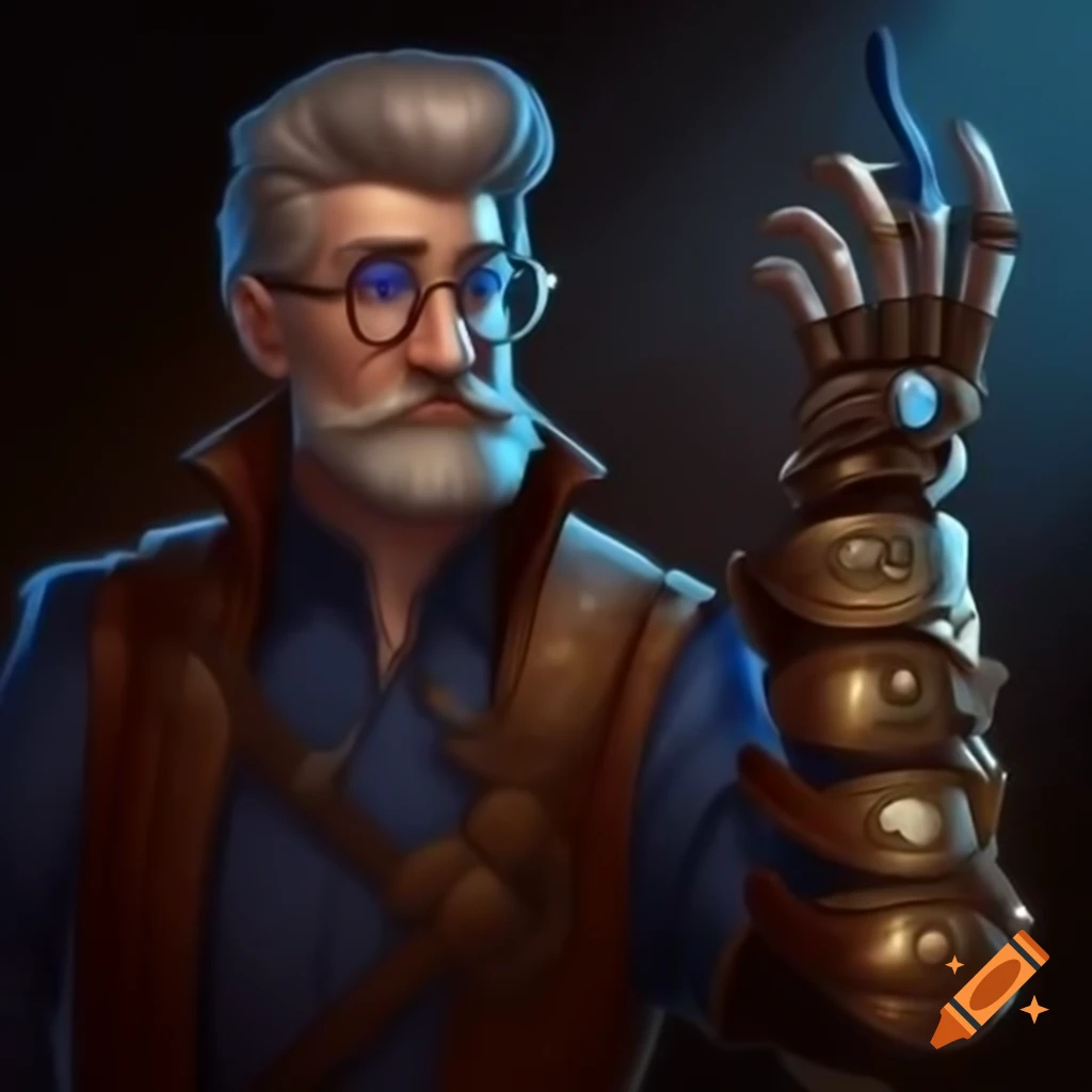 Anime character inspired by 'Lord of the Rings' with steampunk prosthetic arm and blue beard