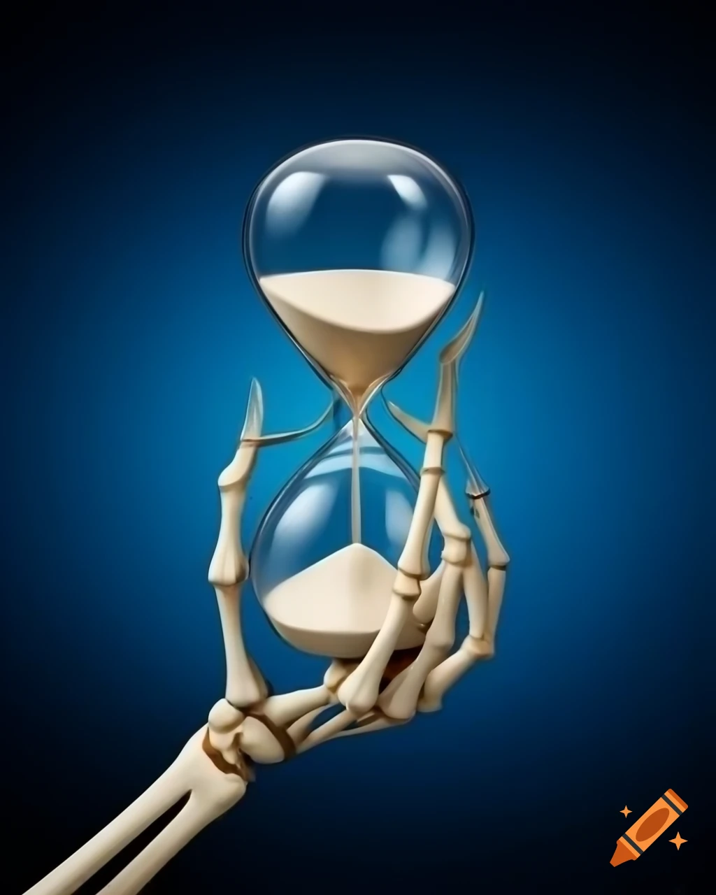Skeleton hand holding a sand hourglass