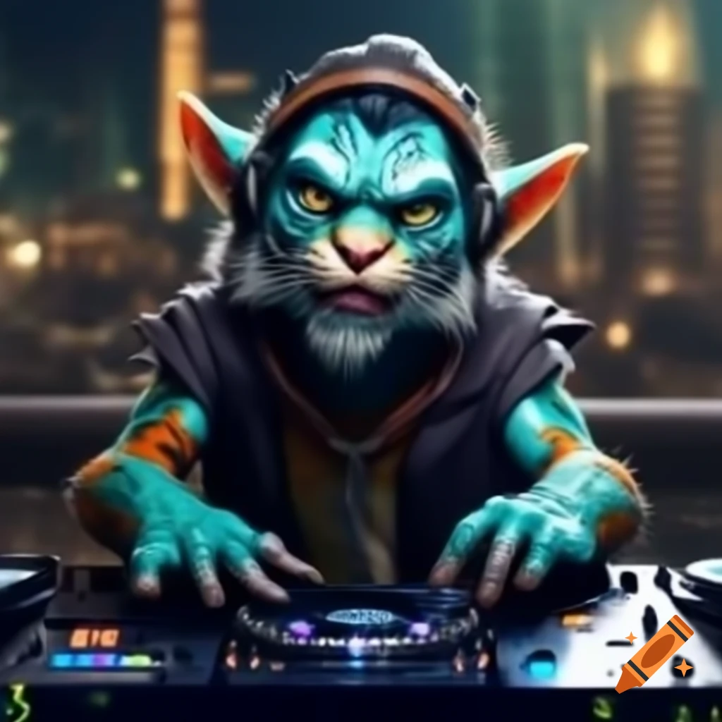 Cyan and orange tiger goblin DJ at a lively rooftop party