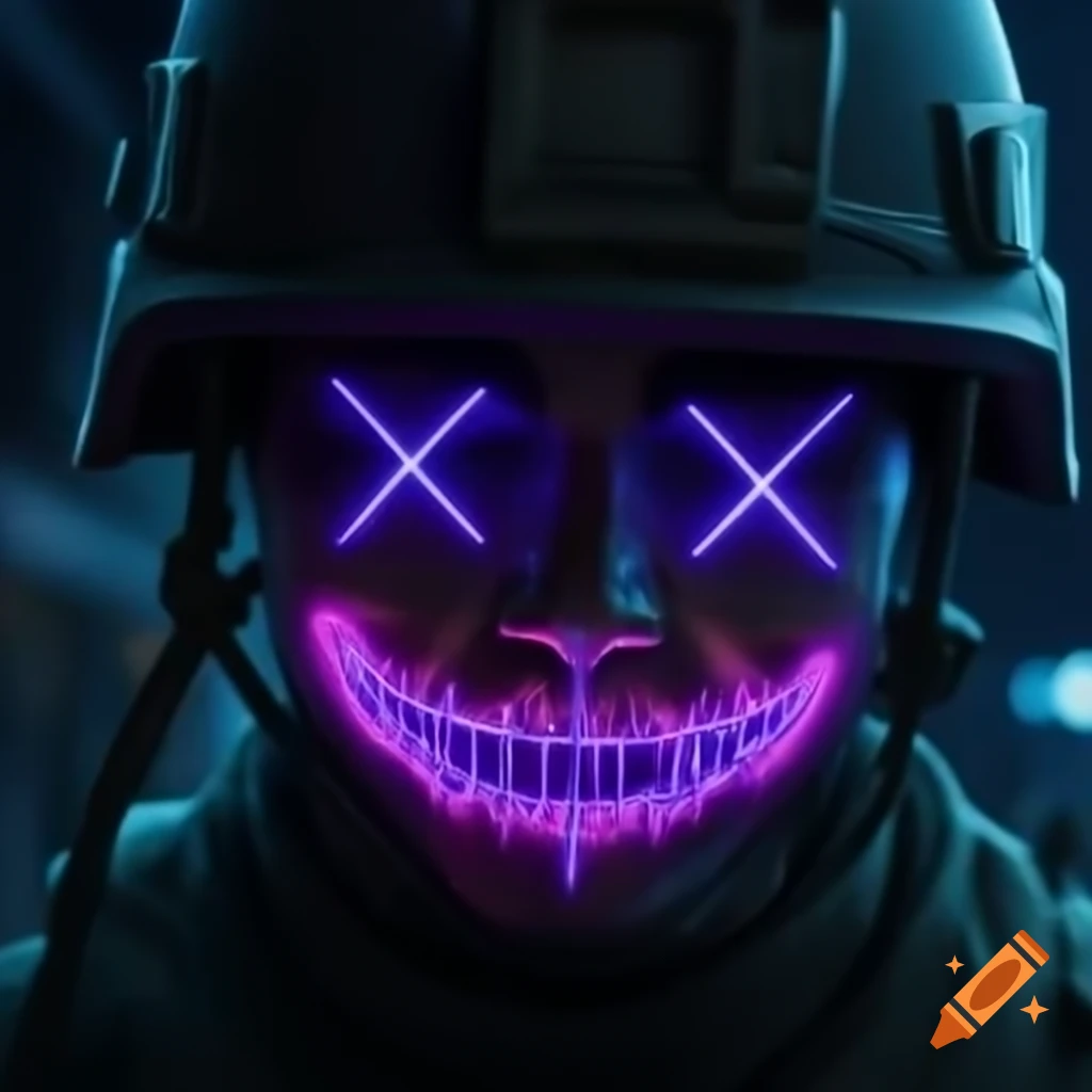 Soldier with neon grin illuminated at night