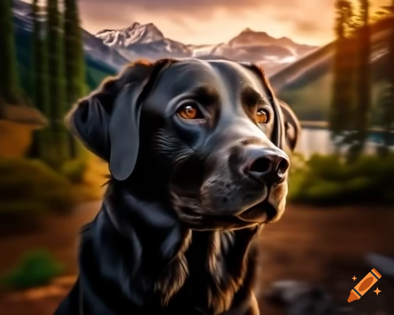 Black Labrador Retriever in forest facing camera with trees in background