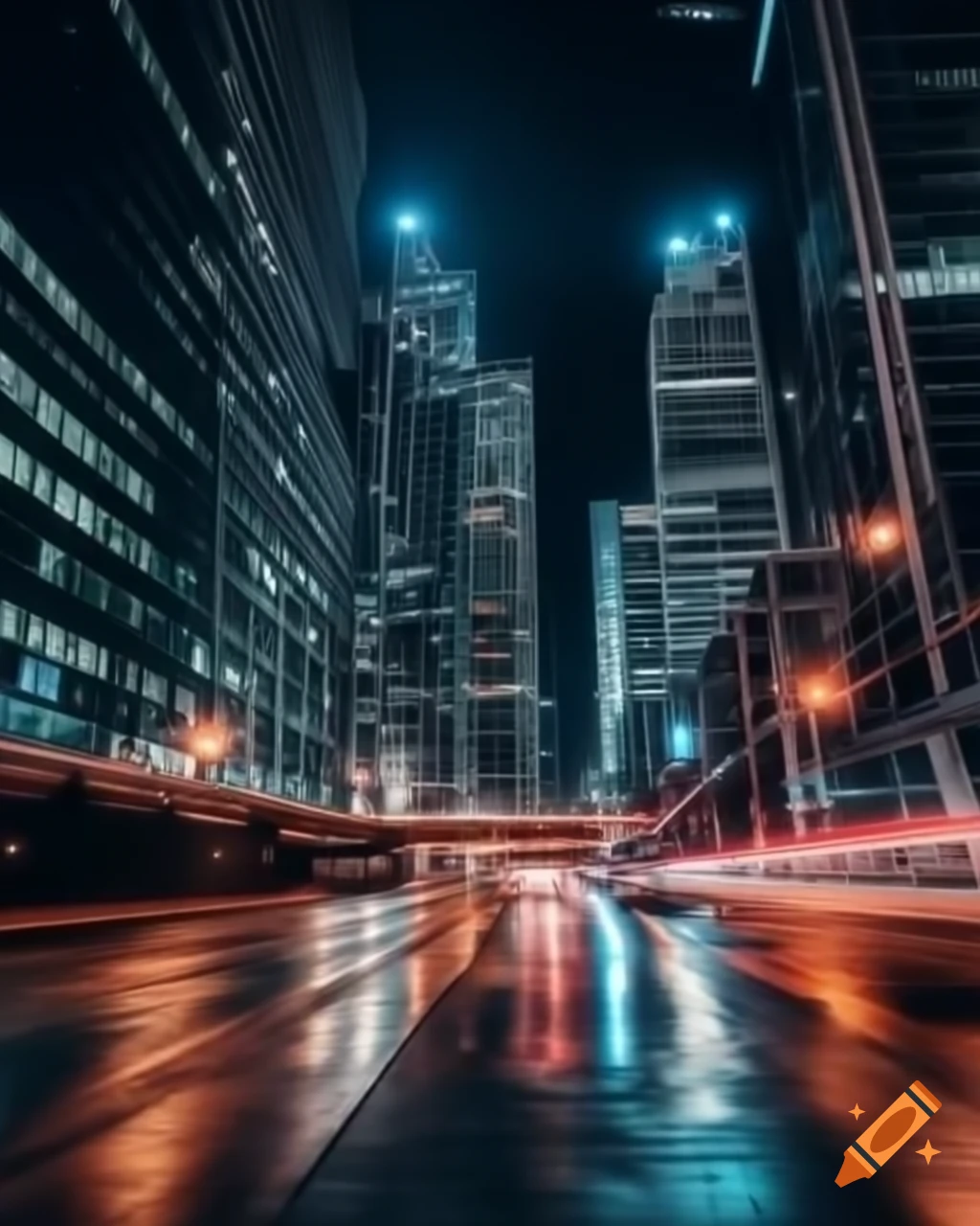 Modern city skyline at night with lit skyscrapers and busy streets