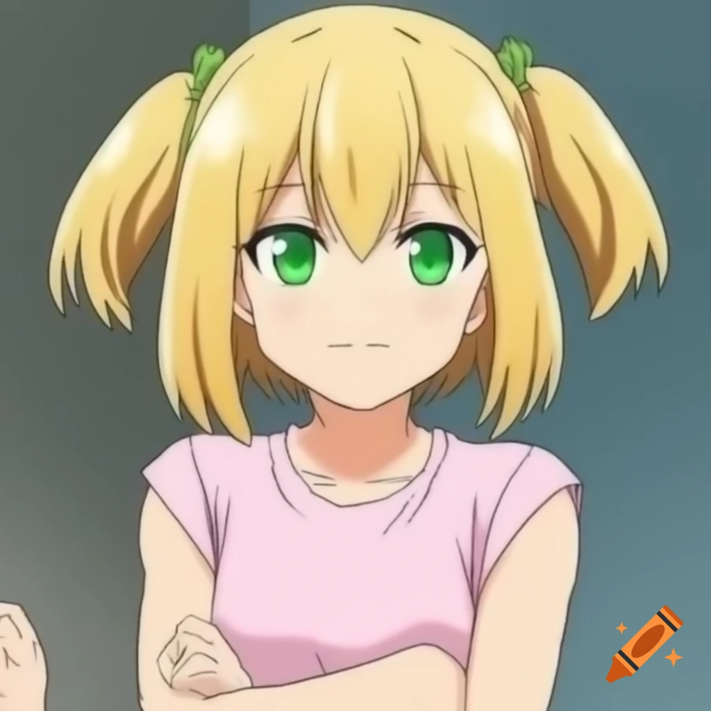 Anime girl with blonde hair and green eyes in light pink sleeveless t-shirt, arms crossed