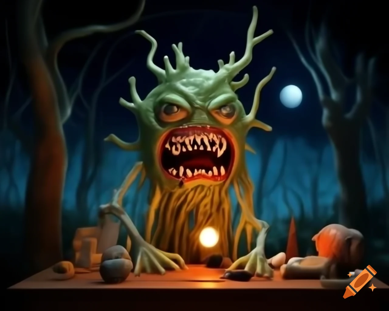 Hyper-realistic 3D tree monster with fangs on wooden table surrounded by gluttony props in dark woods