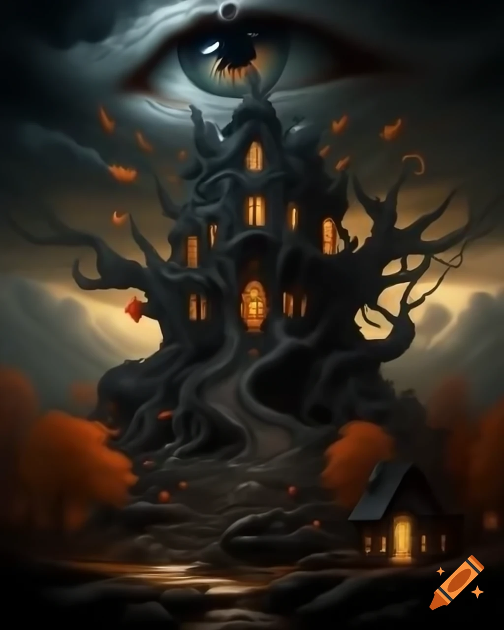 Surreal baroque fantasy illustration of towering autumn tree house with eye in clouds