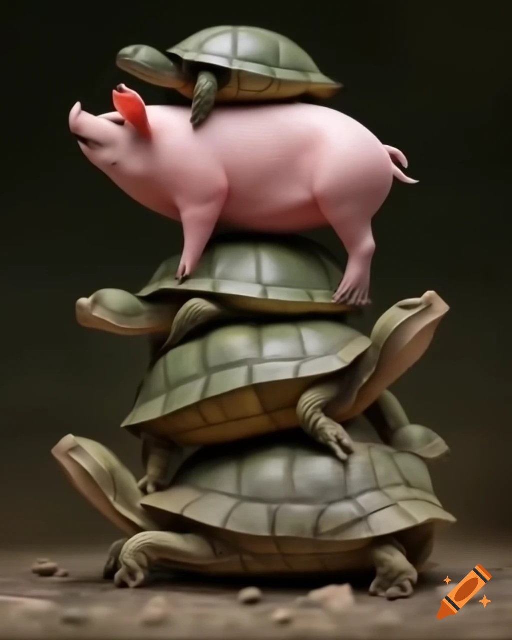Stack of pigs and turtles in a whimsical arrangement