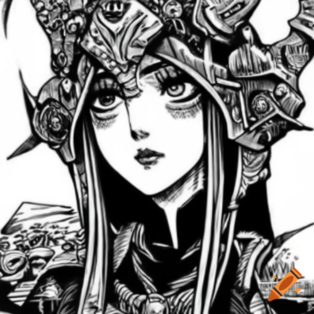 Highly detailed manga lineart featuring dark fantasy elements and a female character
