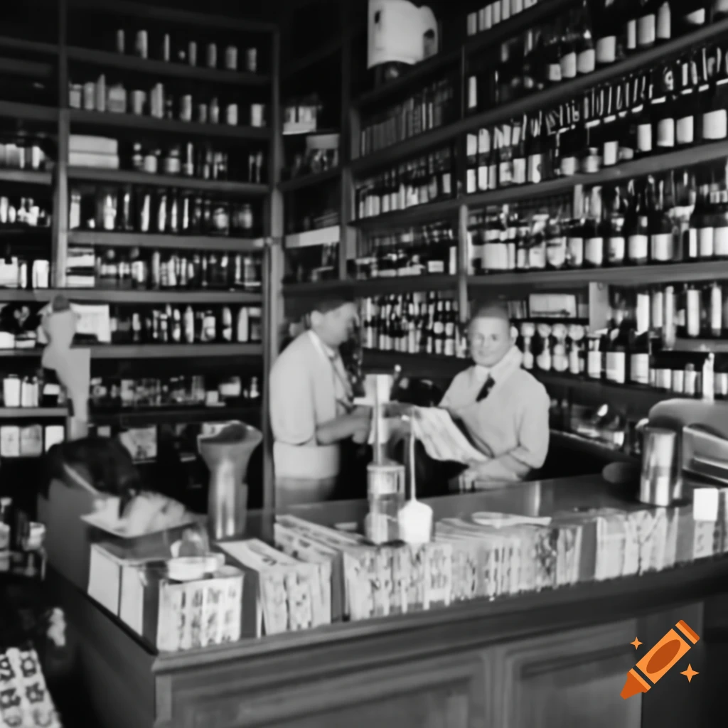 Vintage photo of liquor store from 1900 with wine shelves and counter