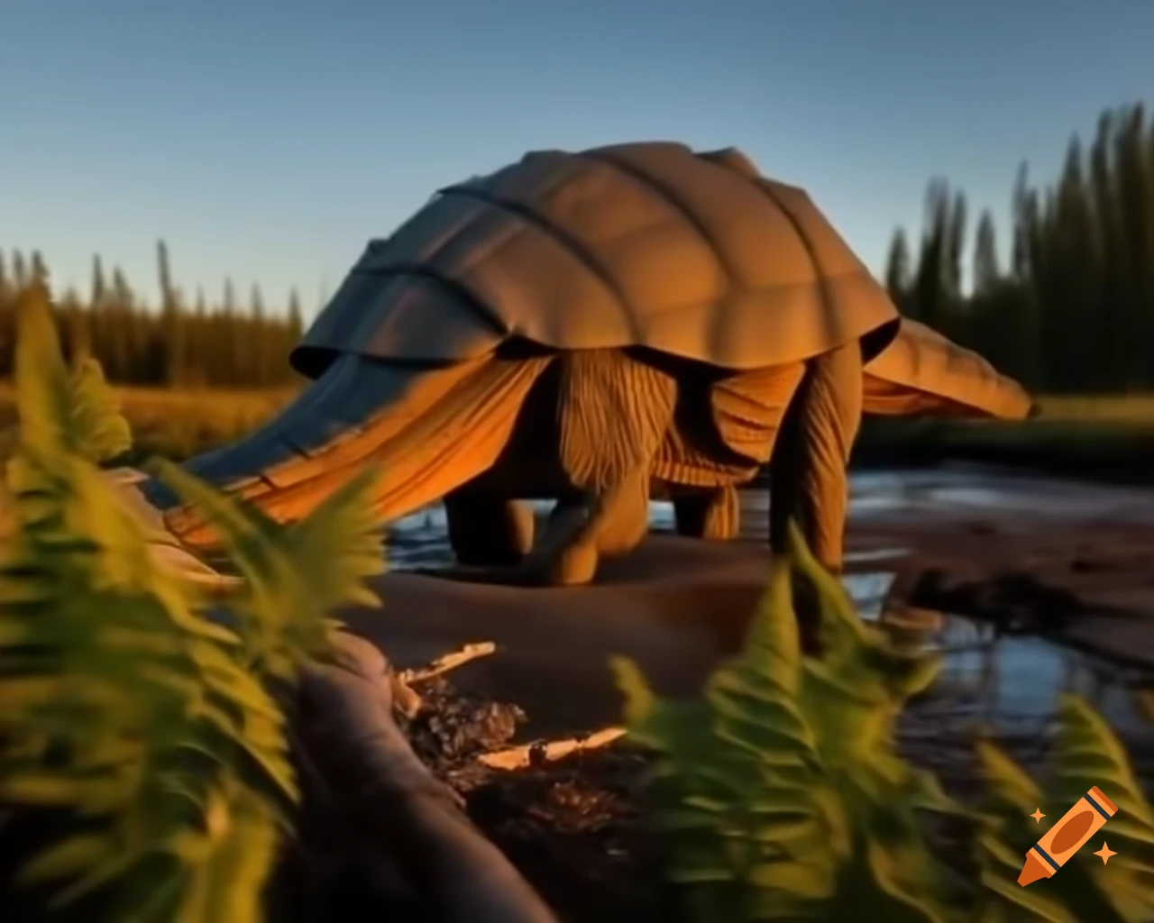 Ankylosaurus observing Diplodocus in mudflat with ferns and driftwood during golden hour
