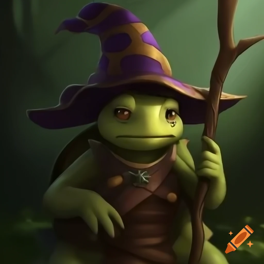 Witchy female Tortle healer foraging in forest with staff, DND character