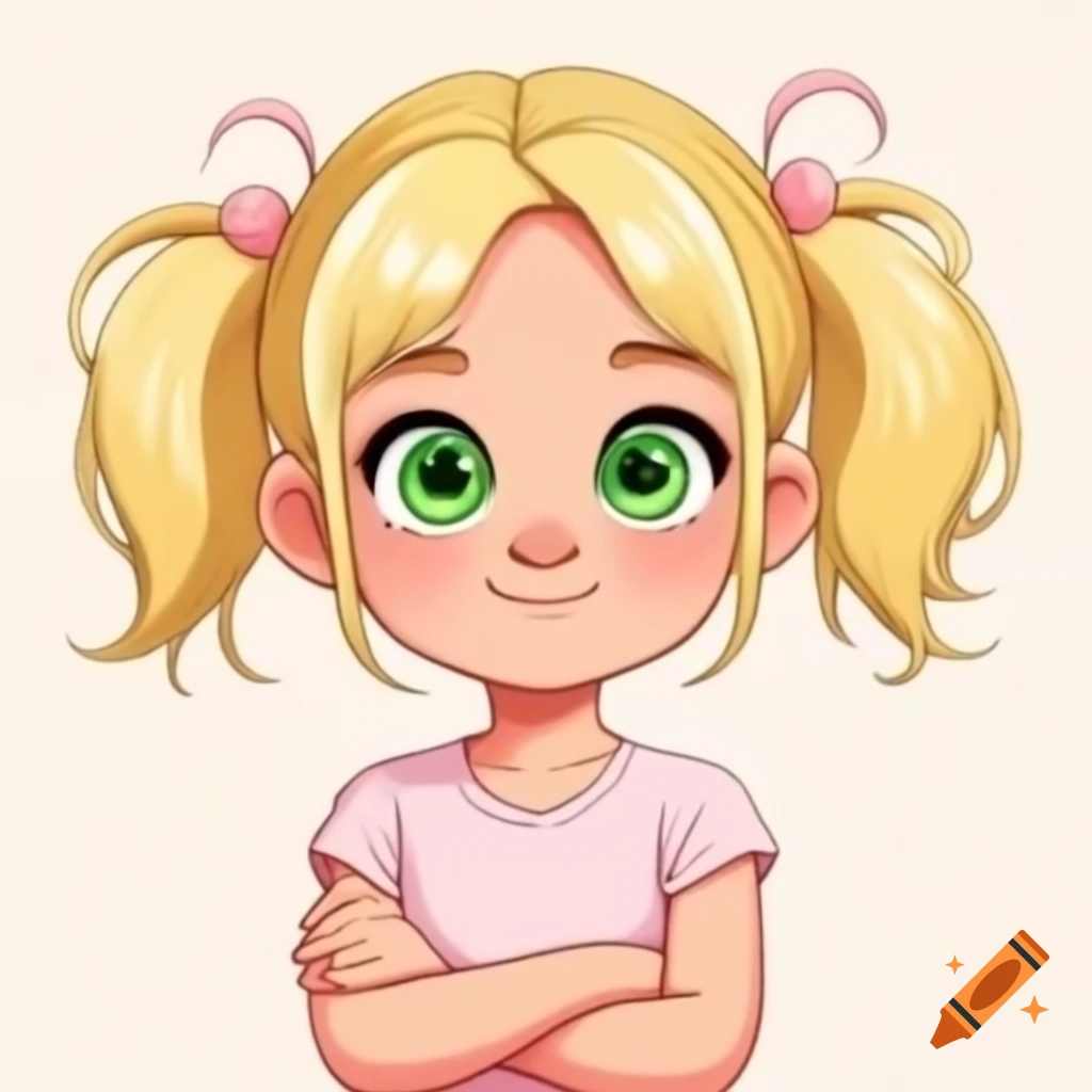 Anime girl with blonde hair and green eyes in pink t-shirt with arms crossed
