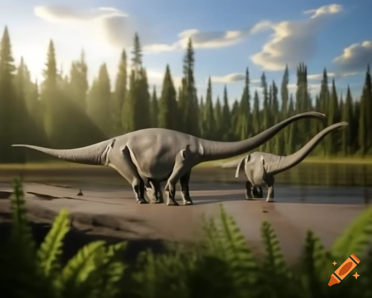Three light grey Diplodocus walking along sunny muddy bank of lake with driftwood and ferns