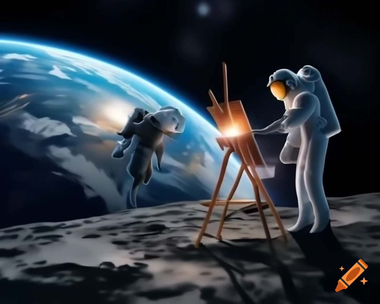 Astronaut painting outer space with Earth in top left corner