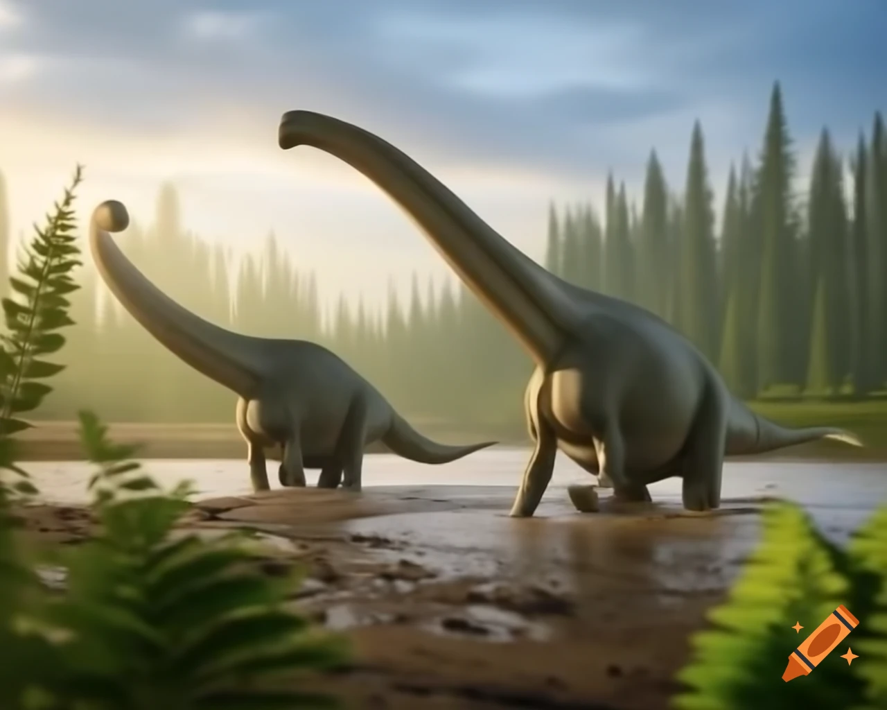 Three light grey Diplodocus walking along sunny muddy lake bank with driftwood and ferns