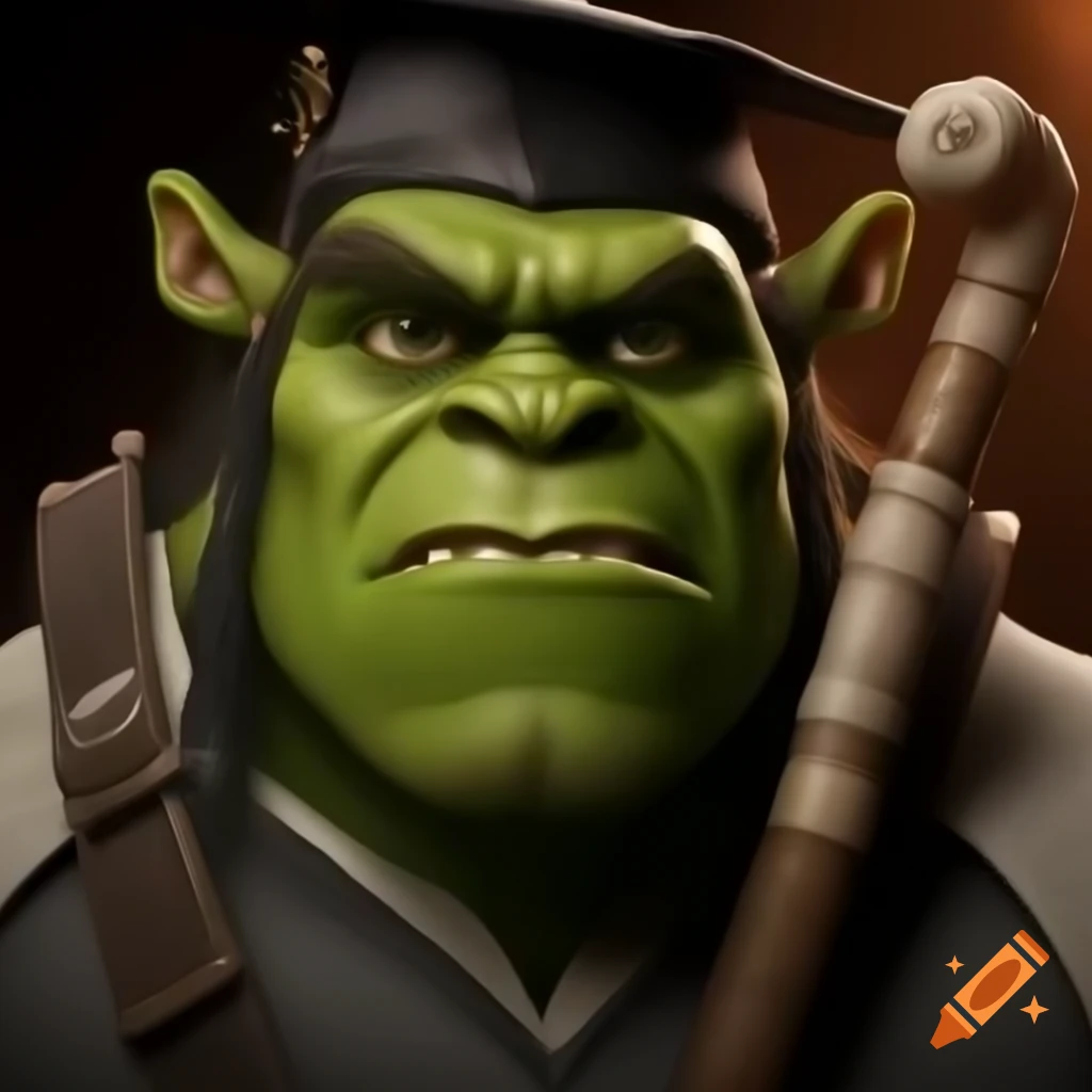 Cartoon of green orc professor in university mantle and cap holding scrolls