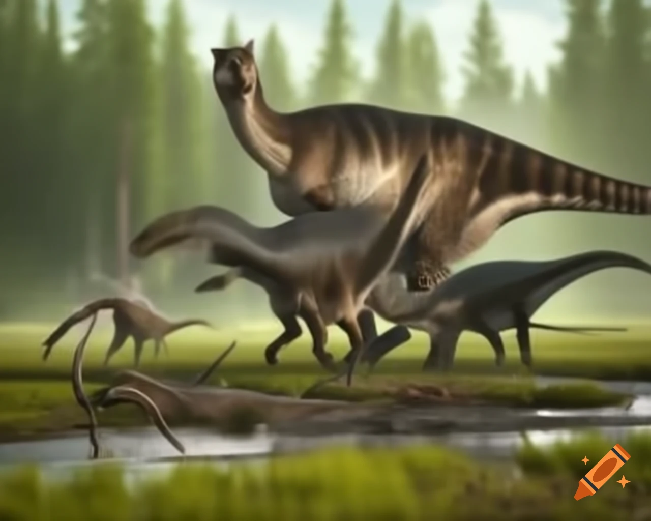 Herd of Hadrosaurus crossing marsh with driftwood under intense sunlight