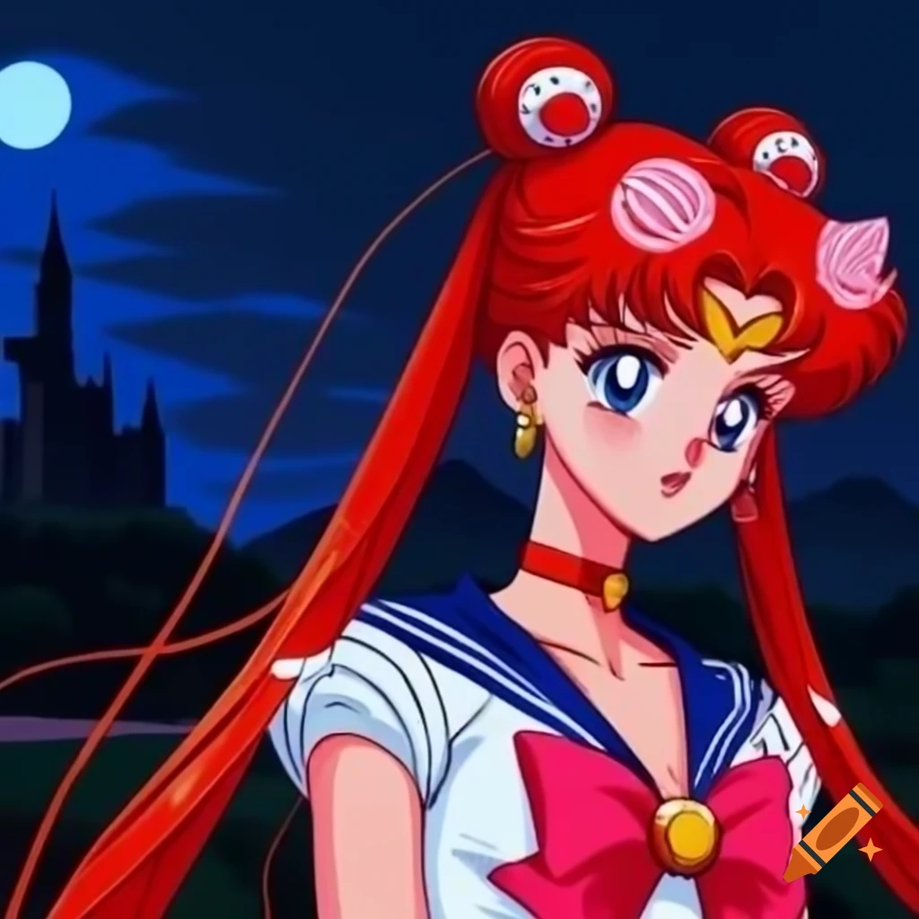 Sailor Moon character with long red hair in front of a castle