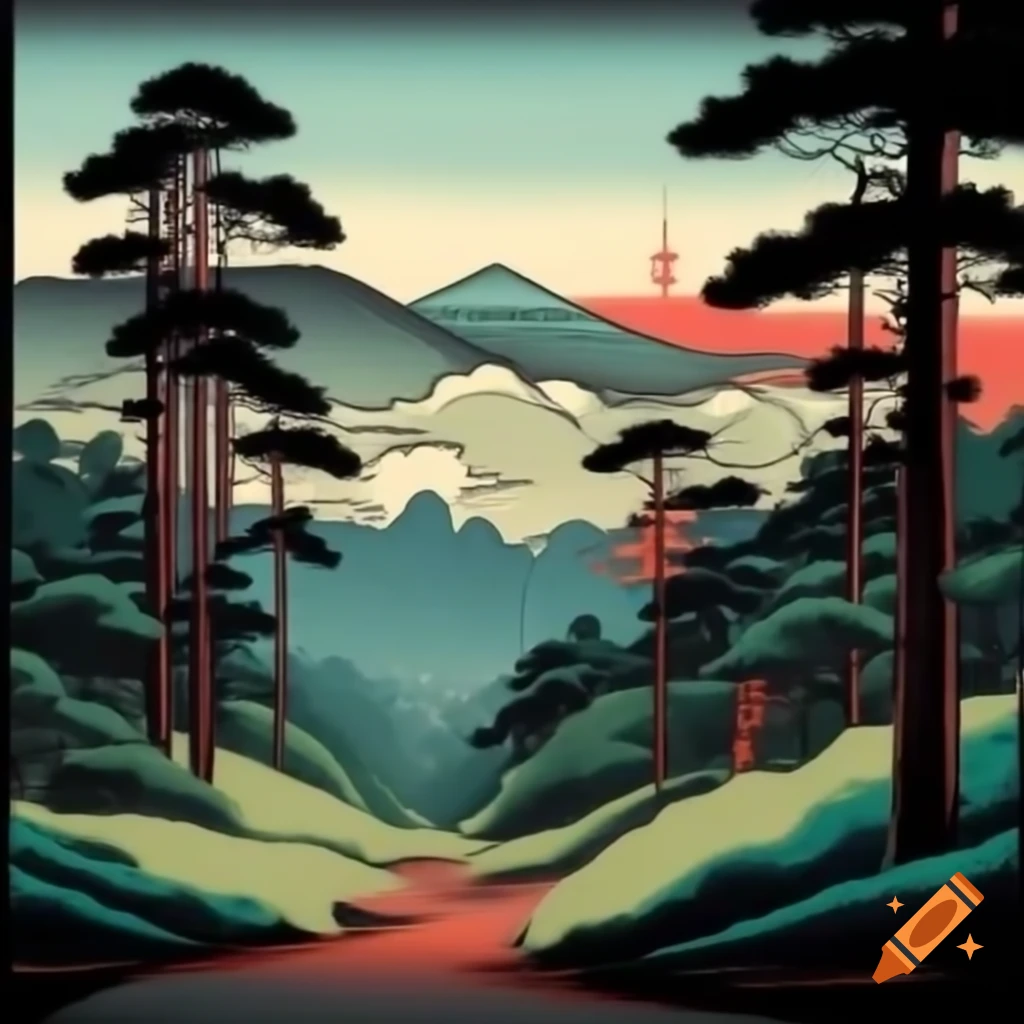 Hiroshige style landscape of San Bernardino National Forest with pine trees and fire lookout tower