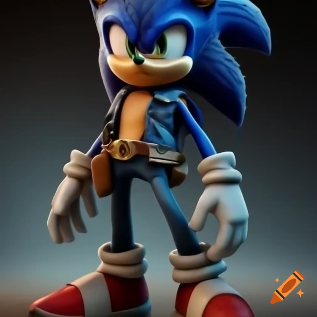 Sonic the Hedgehog character in detailed denim outfit with leather belt