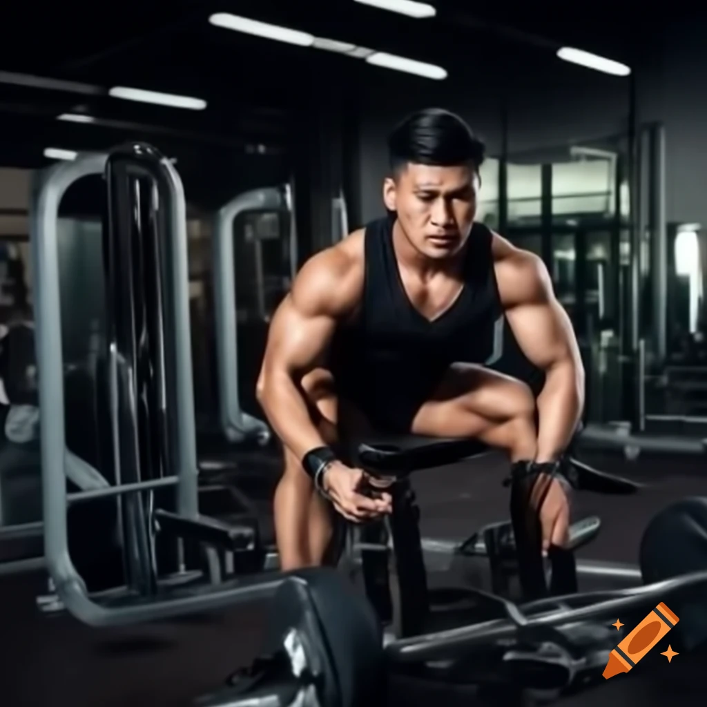 Young Asian man exercising at the gym