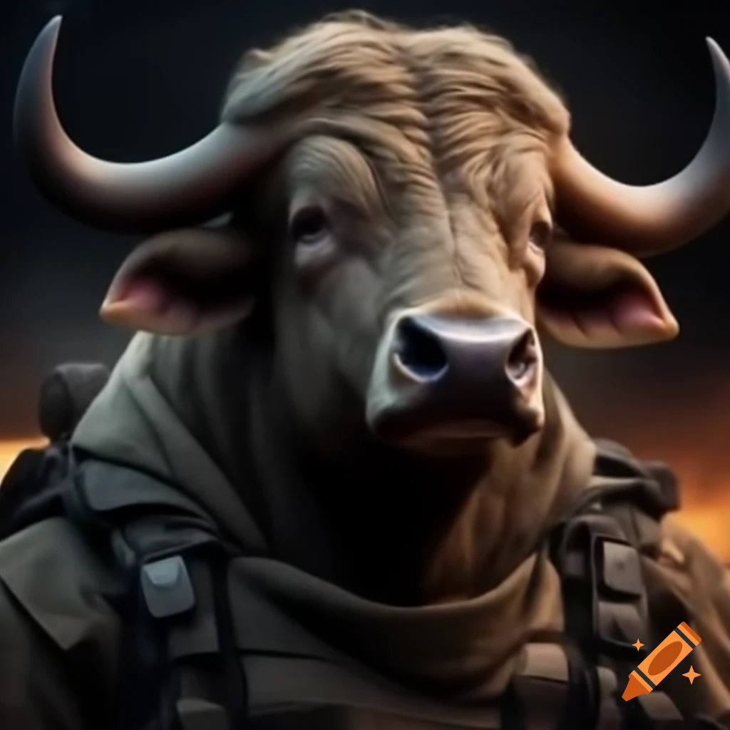 Humanoid oxen in a military setting