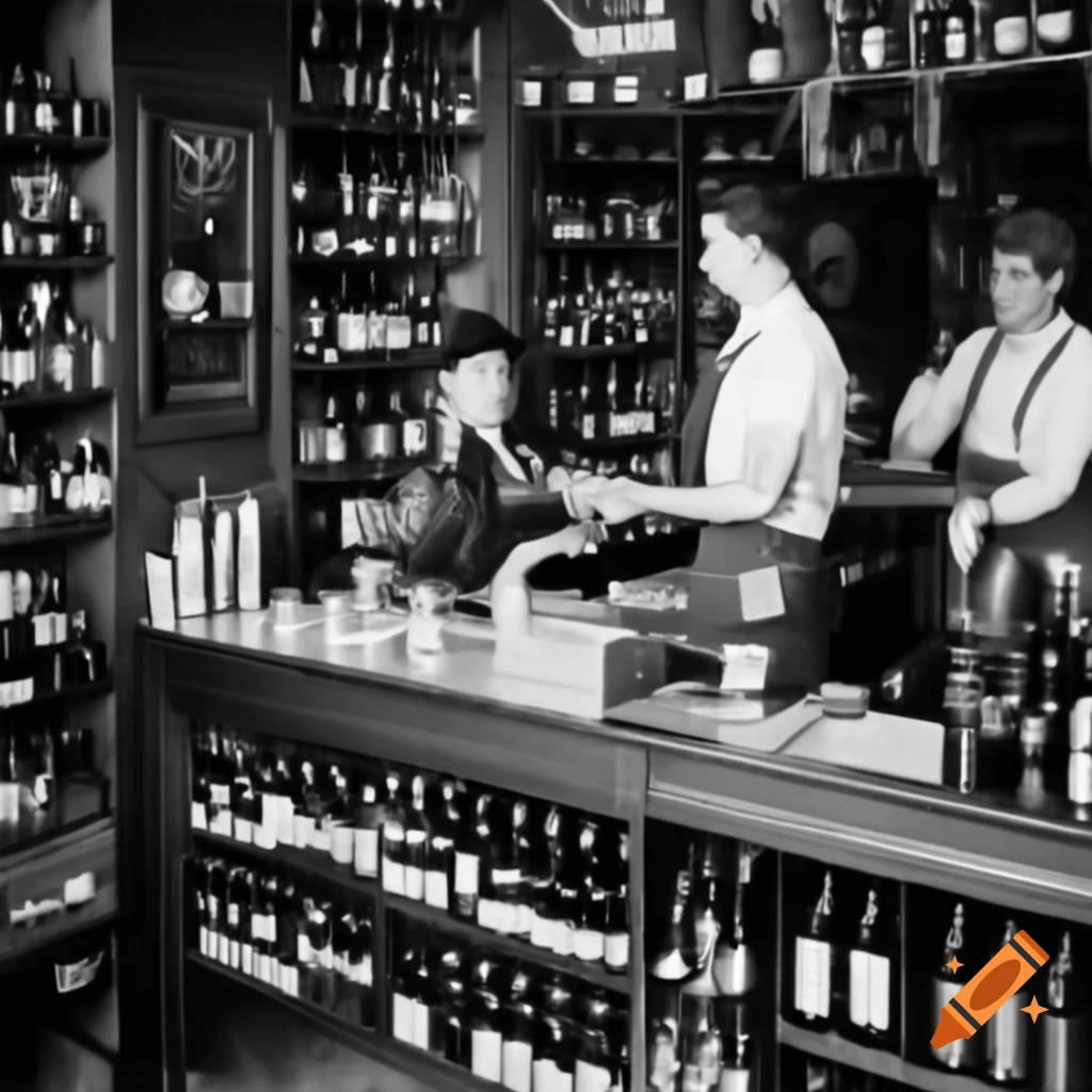 Vintage photo of liquor store from 1900 with wine shelves and counter