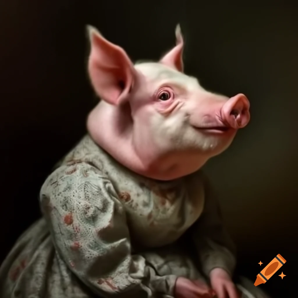 Flemish style portrait of a pig in floral dress, 1800s profile