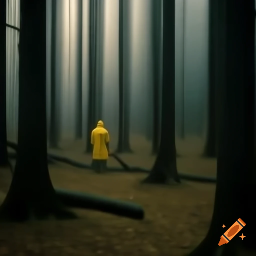 Lonely dark forest with a man in a yellow trench coat
