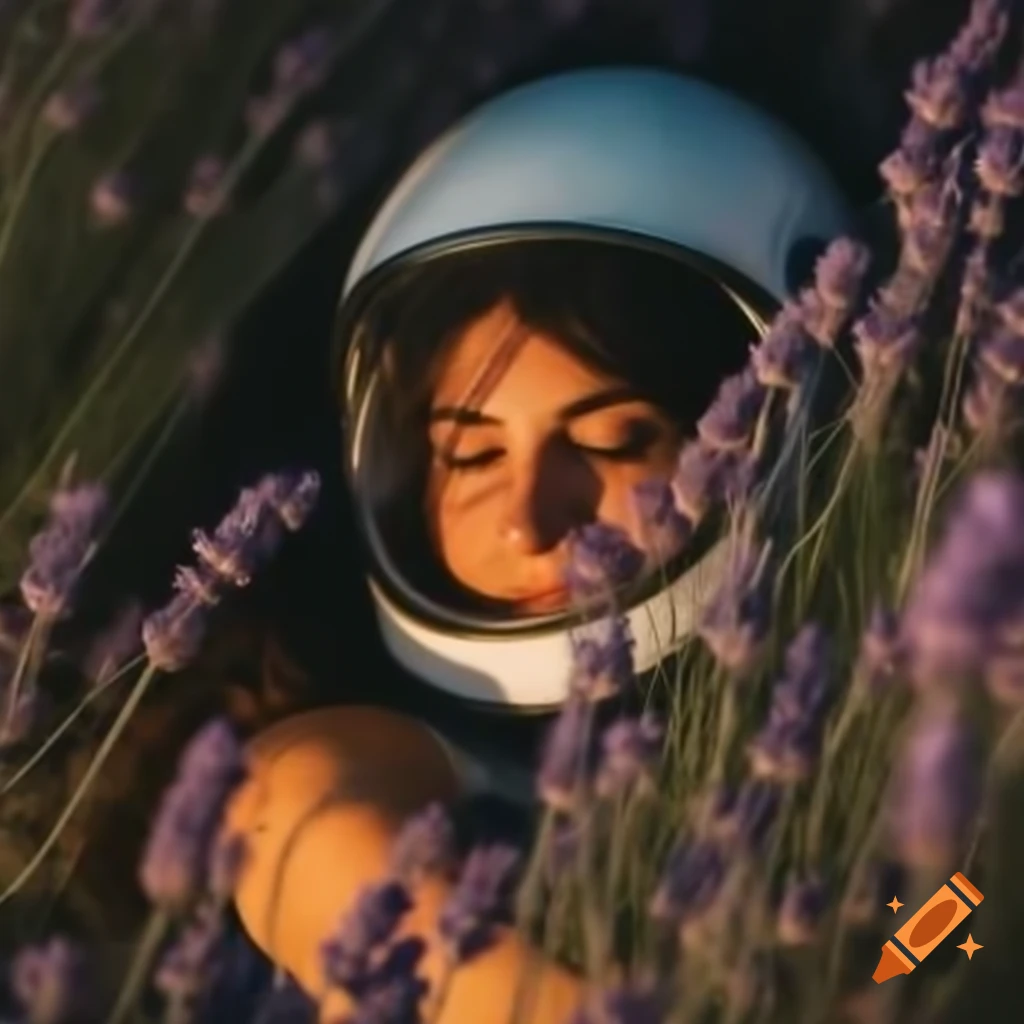 Brunette housewife in NASA helmet and summer dress surrounded by lavender
