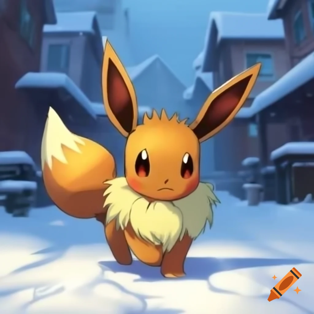 Eevee walking through town in a snowstorm