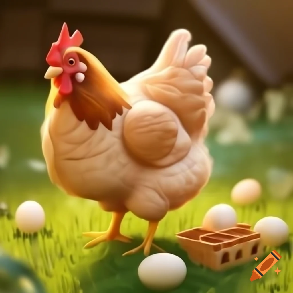 Realistic illustration of chicken roosting on grass with eggs