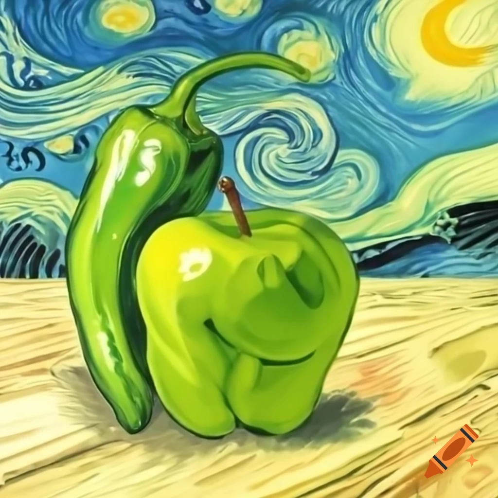 Jalapeno and green apple painted in Van Gogh style