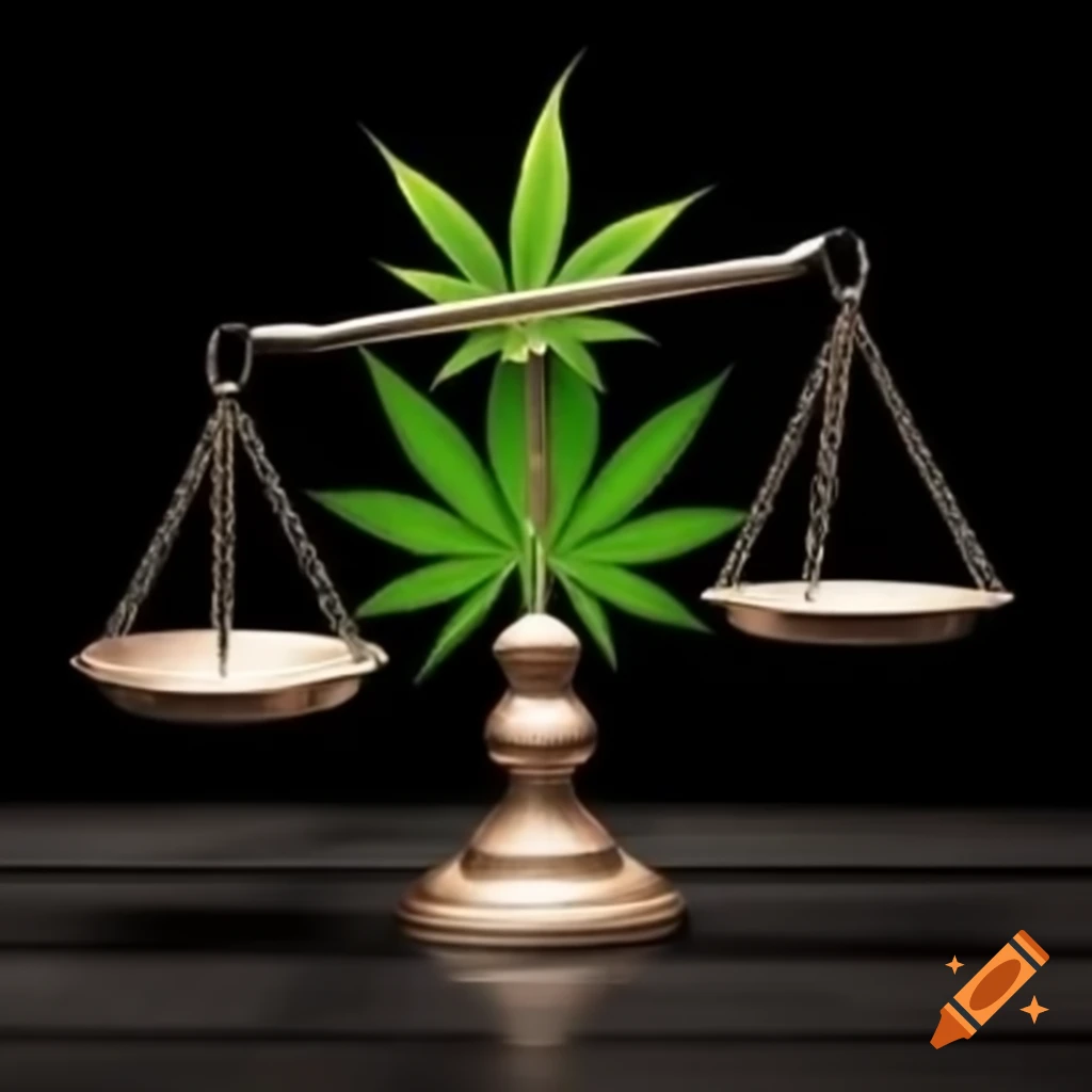 Scales balancing a cannabis leaf symbolizing law and regulation