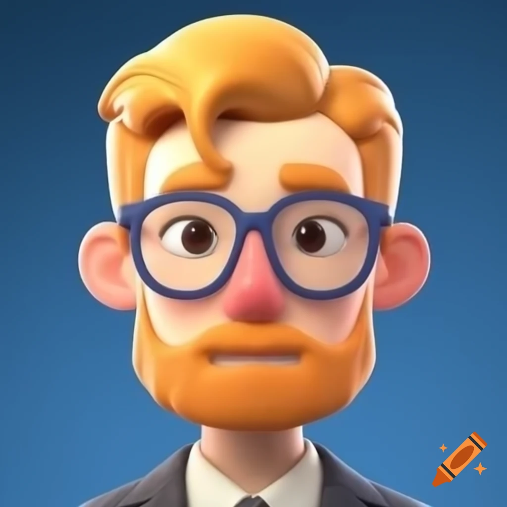 Cartoony male news CEO with blonde hair, short beard, and square glasses