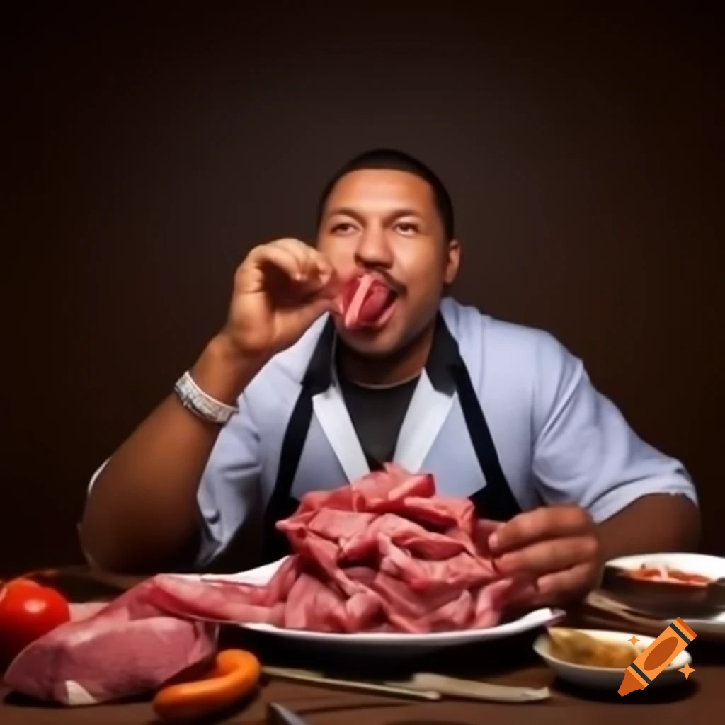 Man enjoying a feast of various meats