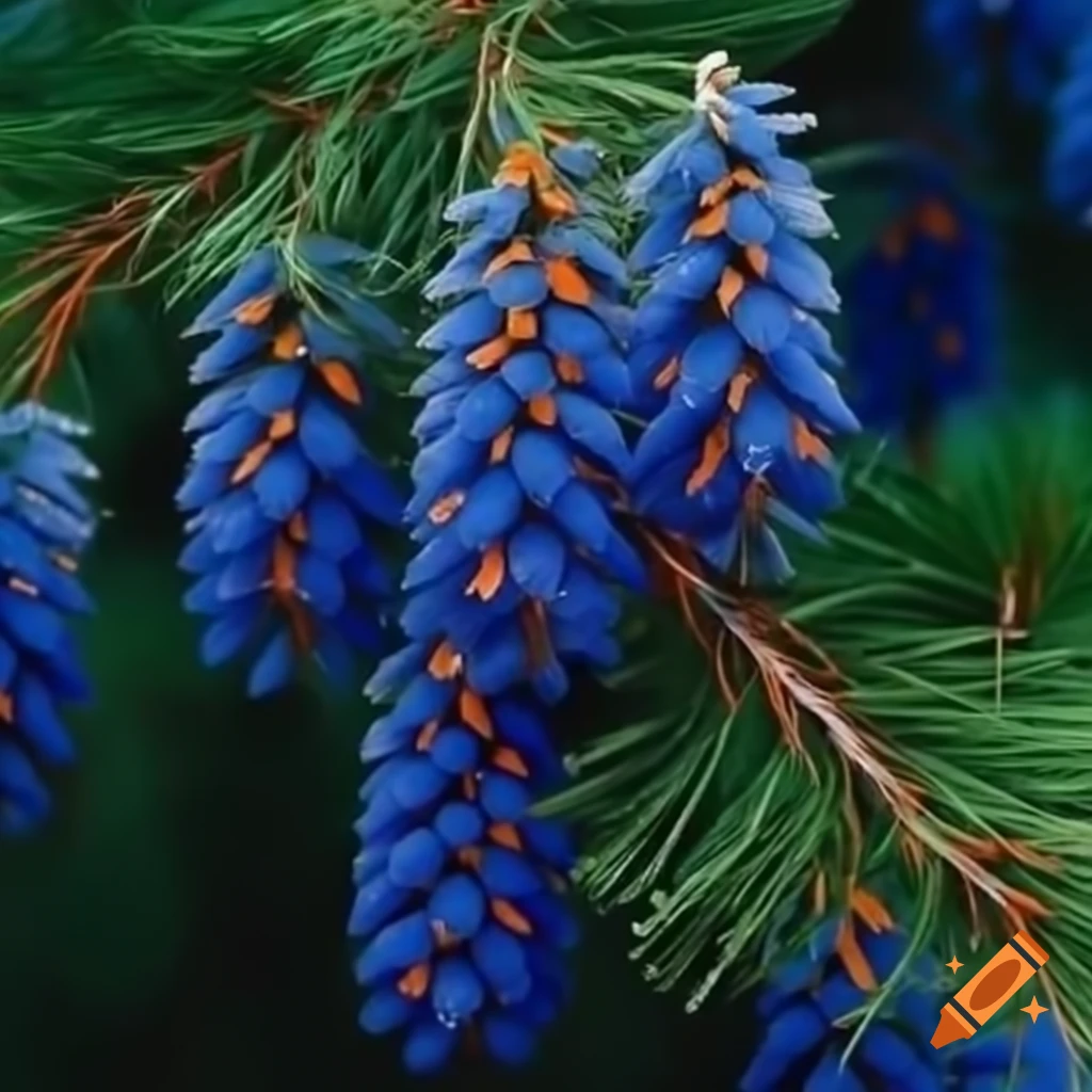 Pine-like trees with vibrant blue flowers and orange cores