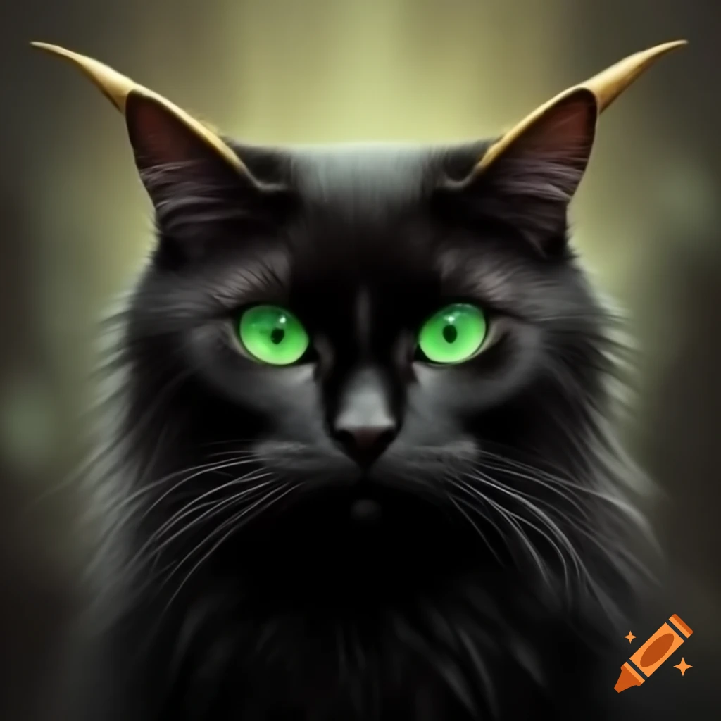 Black cat with green eyes and gold horns