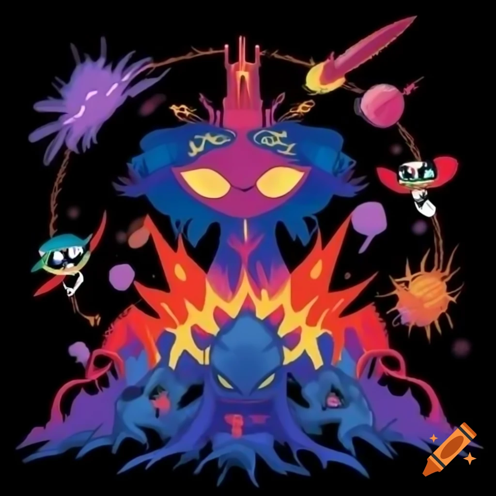 Surreal cosmic battlefield with colorful cartoon style and psychic ...