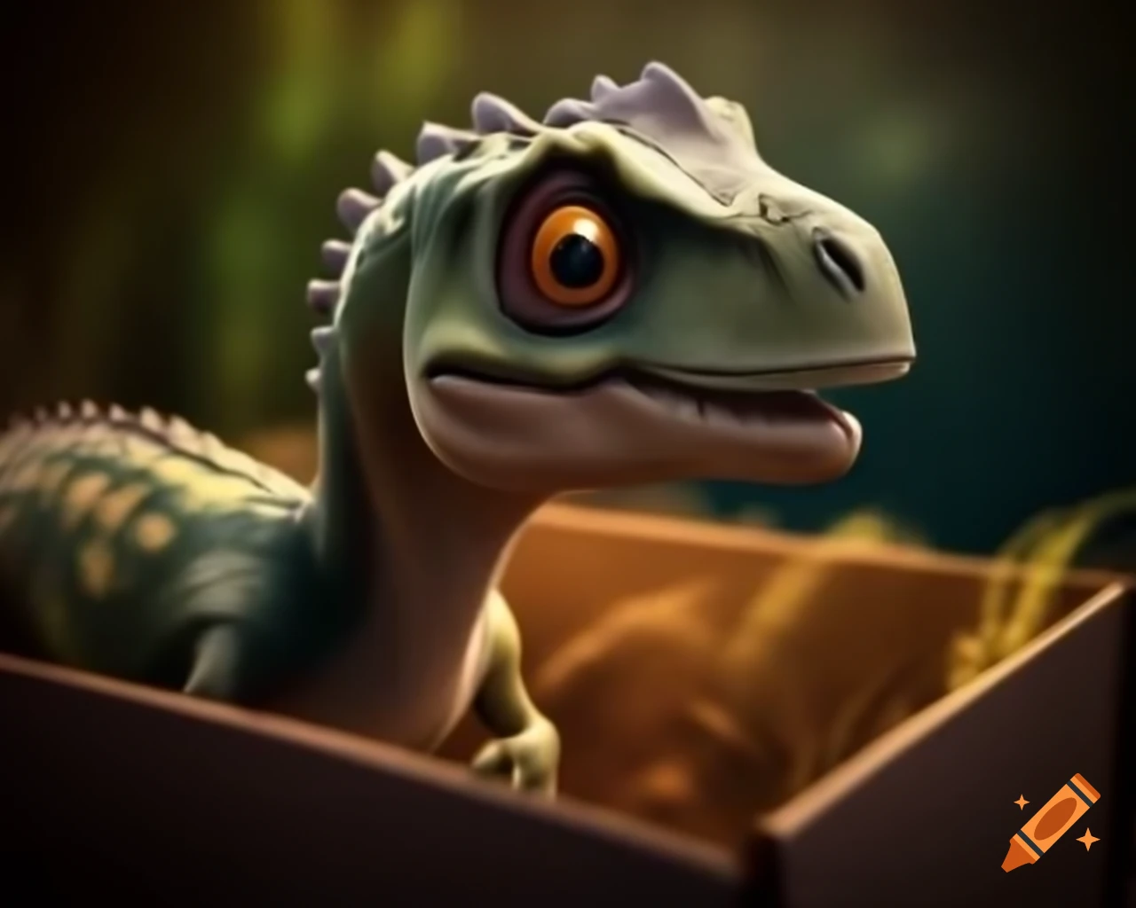 Cute velociraptor in a box with soft lighting and detailed close-up