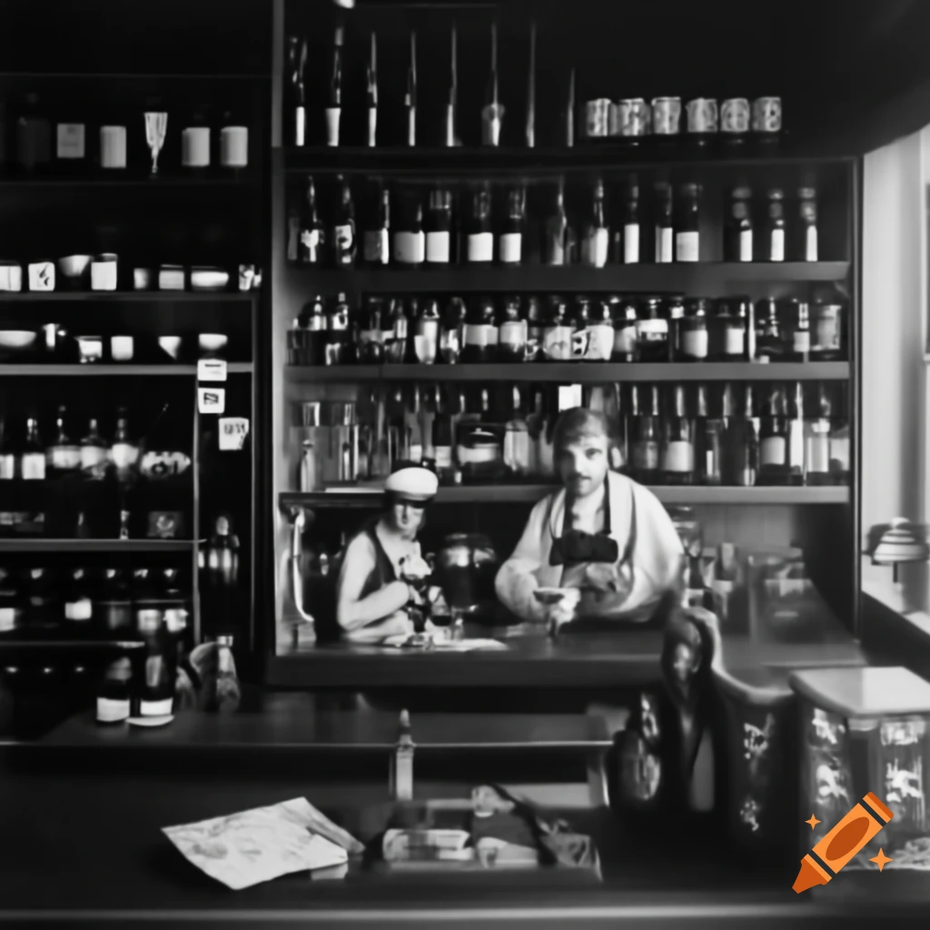 Vintage photo of liquor store from 1900 with wine shelves and counter