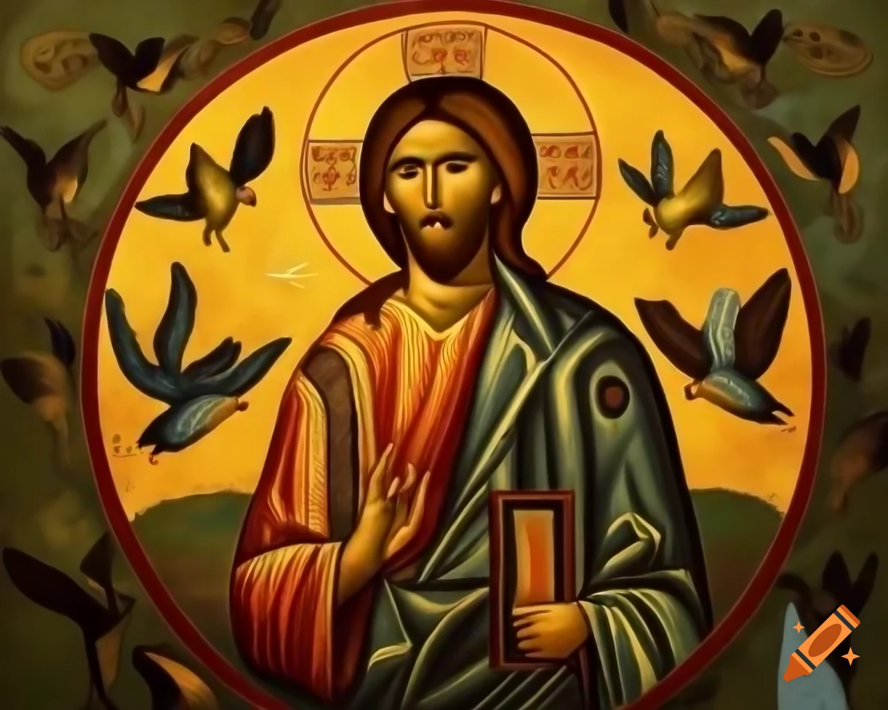 Byzantine icon painting of Jesus with birds and water, mosaic style