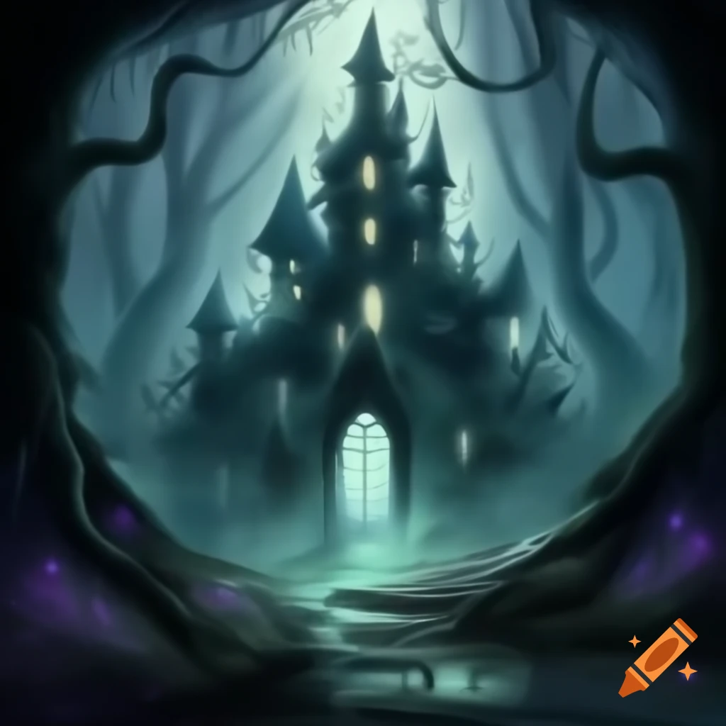 Gothic fairy tale scene with haunted castle in eerie enchanted forest
